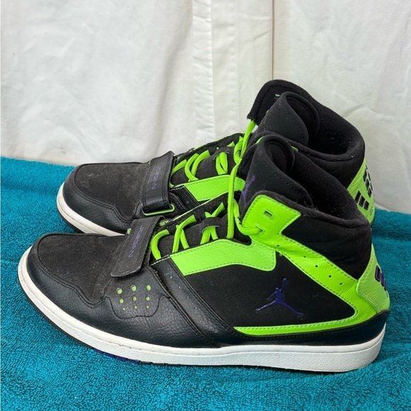 Nike Air Jordan 1 Shoes Black Flash Lime Flight Strap Sz US 10.5 - Picture 2 of 8